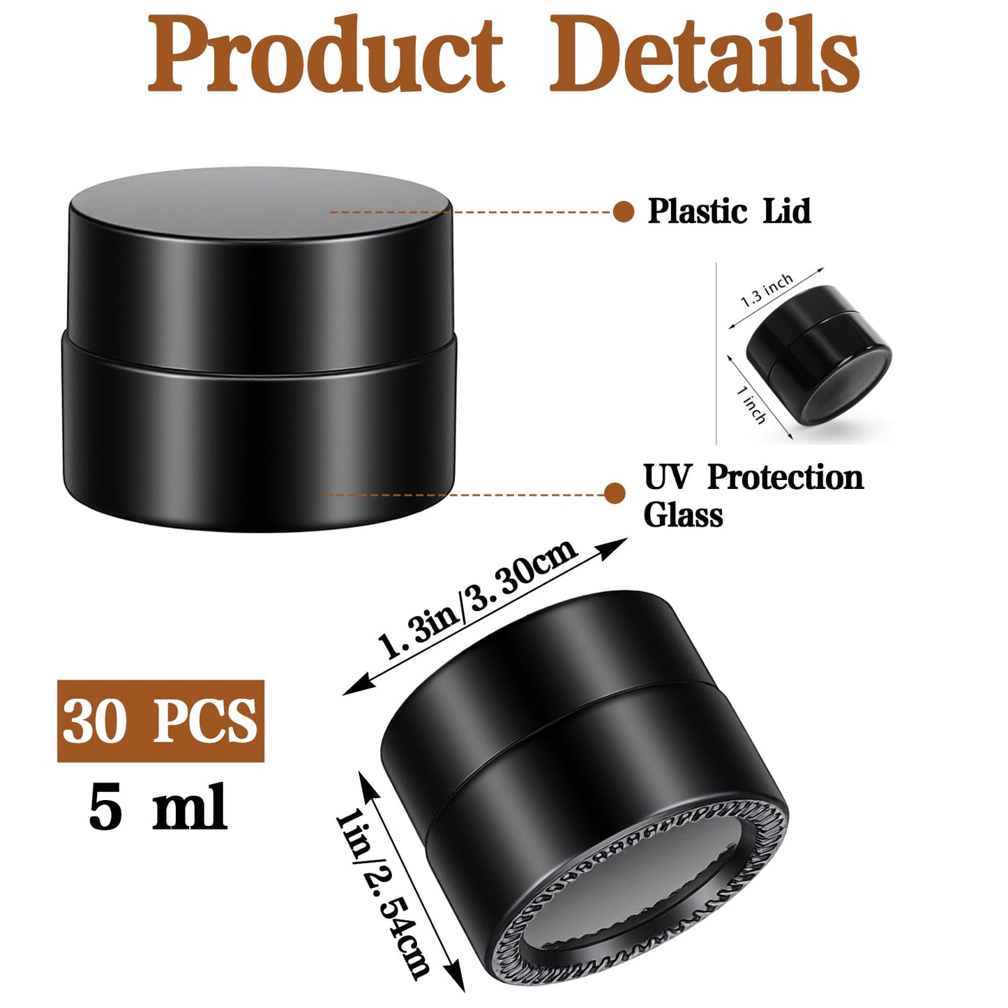 30 Pack Small Sample Containers with Lids, 5ml Amber Glass Sample Jars for Cosmetics, UV Protection Refillable Mini Jars for Skincare, Cream, Essential Oil Storage (1.3" x 1.3" x 1")