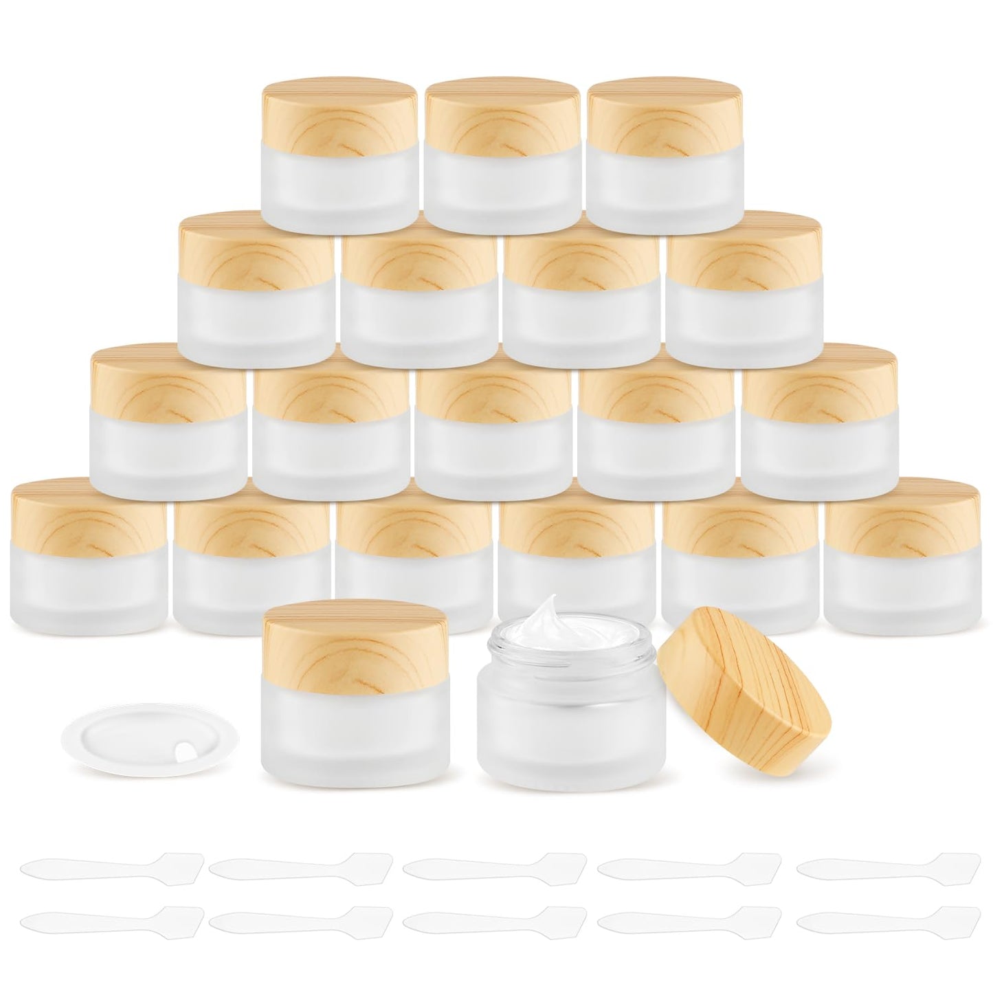 20 Pcs Frosted Glass Jars Reusable Cosmetic Canning Container with Wood Grain Lid for Lip Scrub Cream Lotion Ointments Powder - 15g/0.5oz