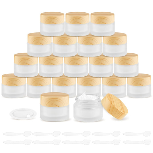 20 Pcs Frosted Glass Jars Reusable Cosmetic Canning Container with Wood Grain Lid for Lip Scrub Cream Lotion Ointments Powder - 15g/0.5oz