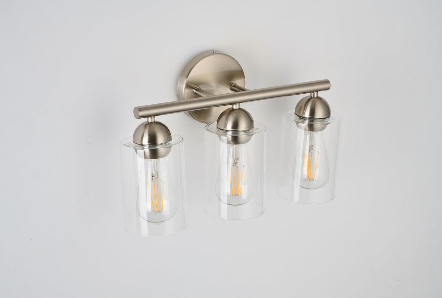 RUIGE Minimalist 3-Light Brushed Nickel Bathroom Vanity Light, Modern Silver Wall Sconce with Clear Glass Shades, Sleek Bathroom Lighting for Bedroom, Hallway YG3L-BN (Bulbs Not Included)