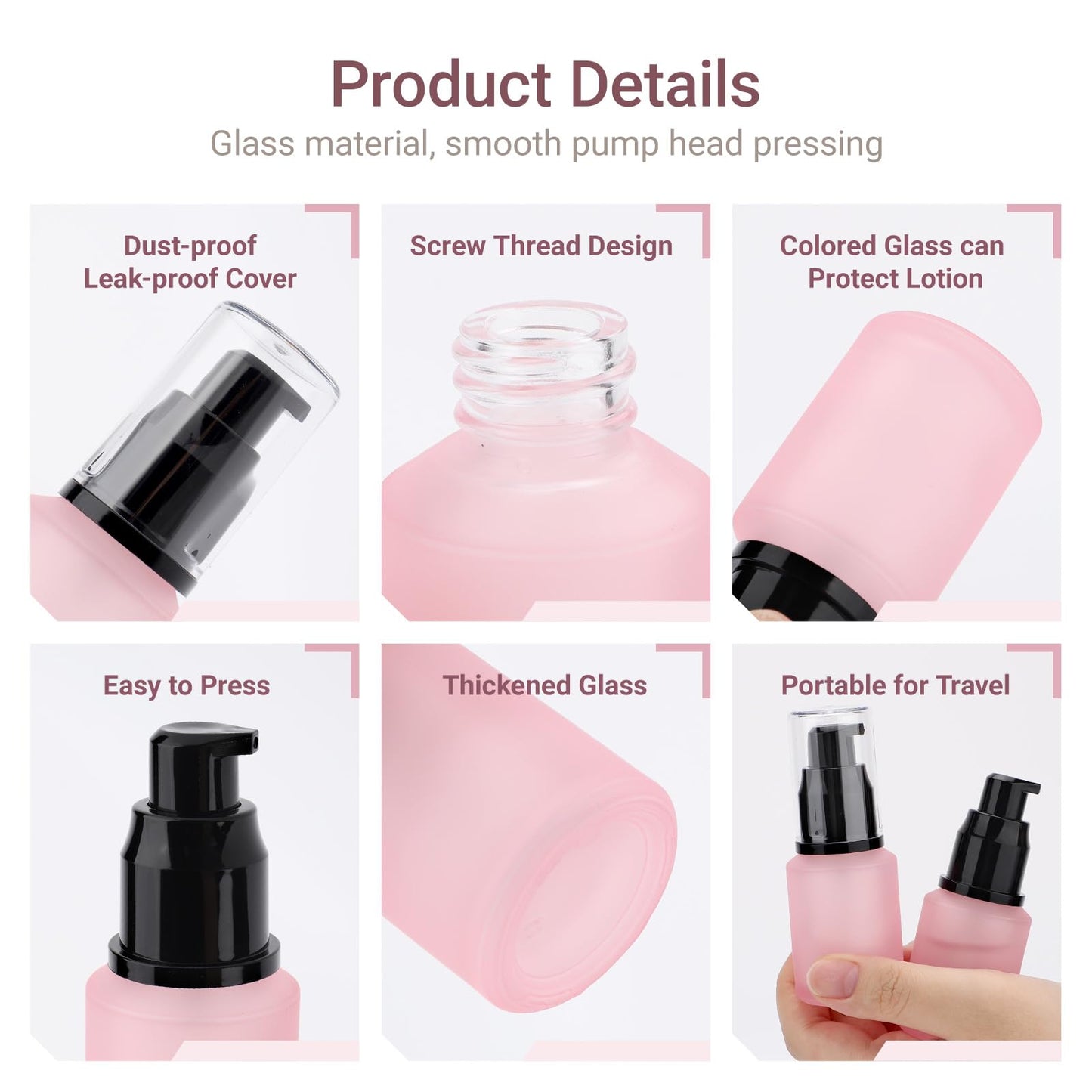 Segbeauty 1oz Frosted Glass Travel Bottles for Toiletries, Pack of 3 Refillable Travel Lotion Bottle, Pink Makeup Pump Dispenser Cream Lotion Containers, 30ml Leak Proof Cosmetic Bottles for Women
