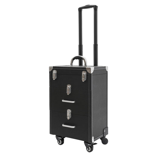 FLYHERO Professional Makeup Trolley Case, Rolling Makeup Nail Case Makeup Train Case with 4 Wheels Jewelry Travel Cosmetic Organizer Makeups Train Suitcase for Outdoor, Travel (Black+Silver)