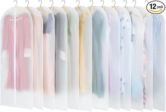 12 Pack Garment Bags for Hanging Clothes - Translucent Dress Bag for Closet Wardrobe Storage Travel - 24" x 57"