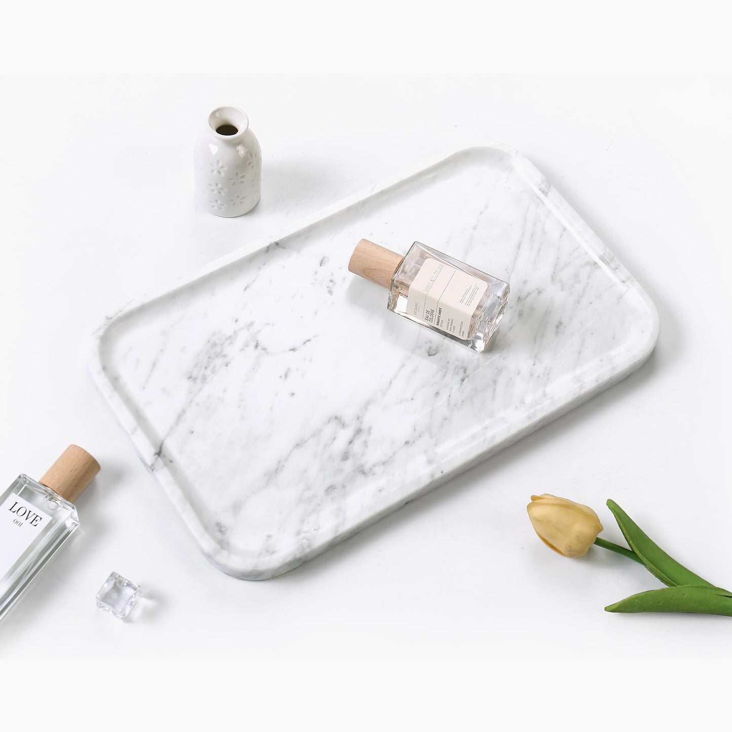 Yew & Tulip 14" x 8.5" Natural Marble Tray for Kitchen, Bathroom, Living Room – Serving/Decorative Vanity Tray for Jewelry, Candles, Decor (Carrara White)