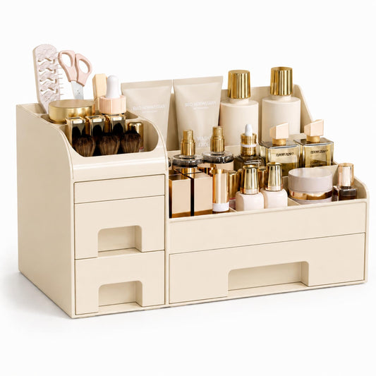 Mriluvy Makeup Organizer with Drawers,Large Cosmetic Storage Box,Countertop Skincare Organizer,ABS Makeup Brush Holder for Bathroom,Desk,Dresser,Multifunctional Beauty Display Case,Cream