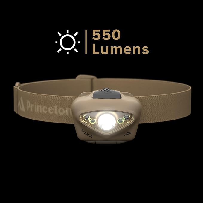 Princeton Tec VIZZ 550 RGB MPLS – 550 Lumen AAA-Powered Tactical Headlamp, Dimmable Spot & Flood White, Red, Green & Blue LEDs, Programmable, IPX7 Waterproof, Ultra-Light, USA Made, Color Tan