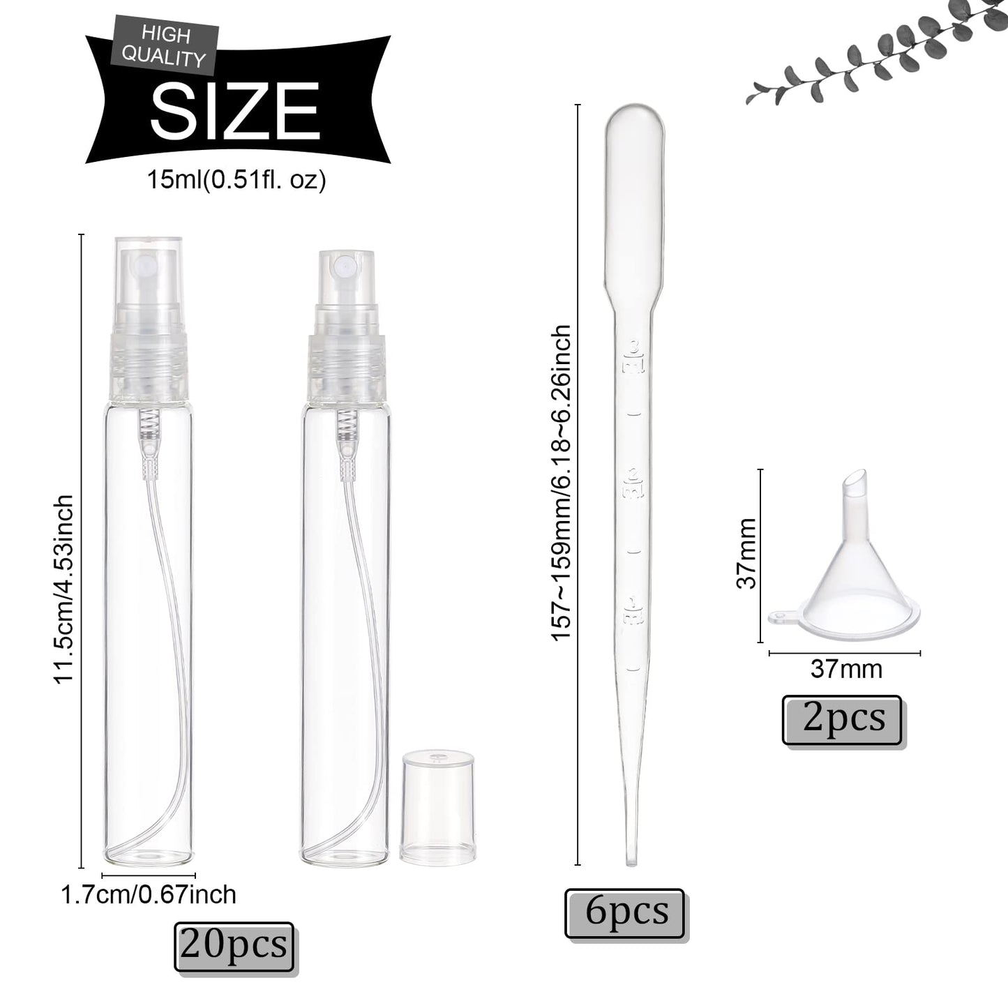 BENECREAT 20 Pack 15ml(0.51oz) Clear Glass Perfume Bottle Refillable Portable Fine Mist Spray Bottles with Funnel and Dropper for Essential Oils, Perfume and Cosmetics Liquid