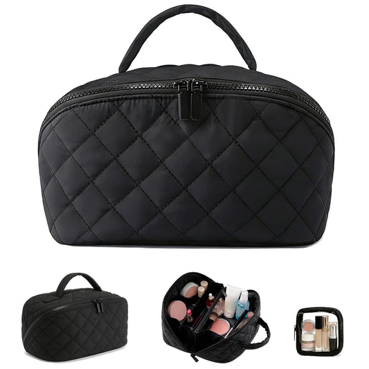 Gmkato Travel Makeup Bag for Women,Large Capacity Waterproof Makeup Organizer, Open Flat Toiletry Bag for Toiletries (Black, Large)
