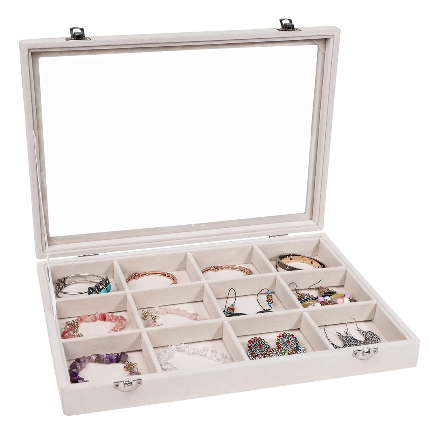 Stratalife Jewelry Organizer Bracelet Organizer Storage Box 12 Grid Stackable Jewelry Tray with Lid Velvet Jewelry Box for Drawer Necklace Bracelet Display Storage Organizer Box (Beige)