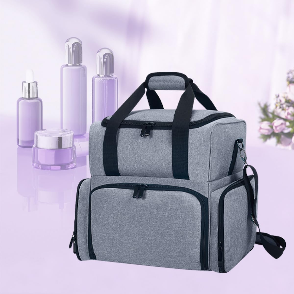 LANDFOBO Large Cosmetic Bag with 4 Removable Case with Inner Dividers, Grey