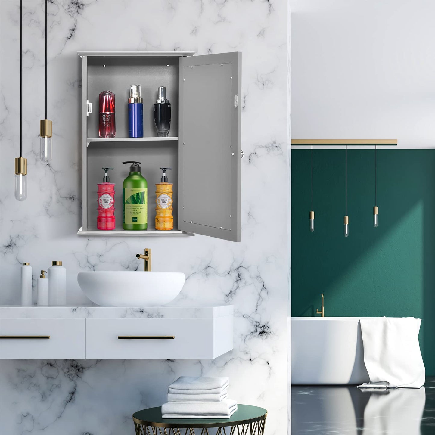 Hysache Bathroom Medicine Cabinet, Wall Mount Mirrored Storage Cabinet w/Single Mirrored Door & Adjustable Shelf, Multipurpose Wooden Organizer for Hallway Living Room Bed, 13.5" L x 6" W (Gray)