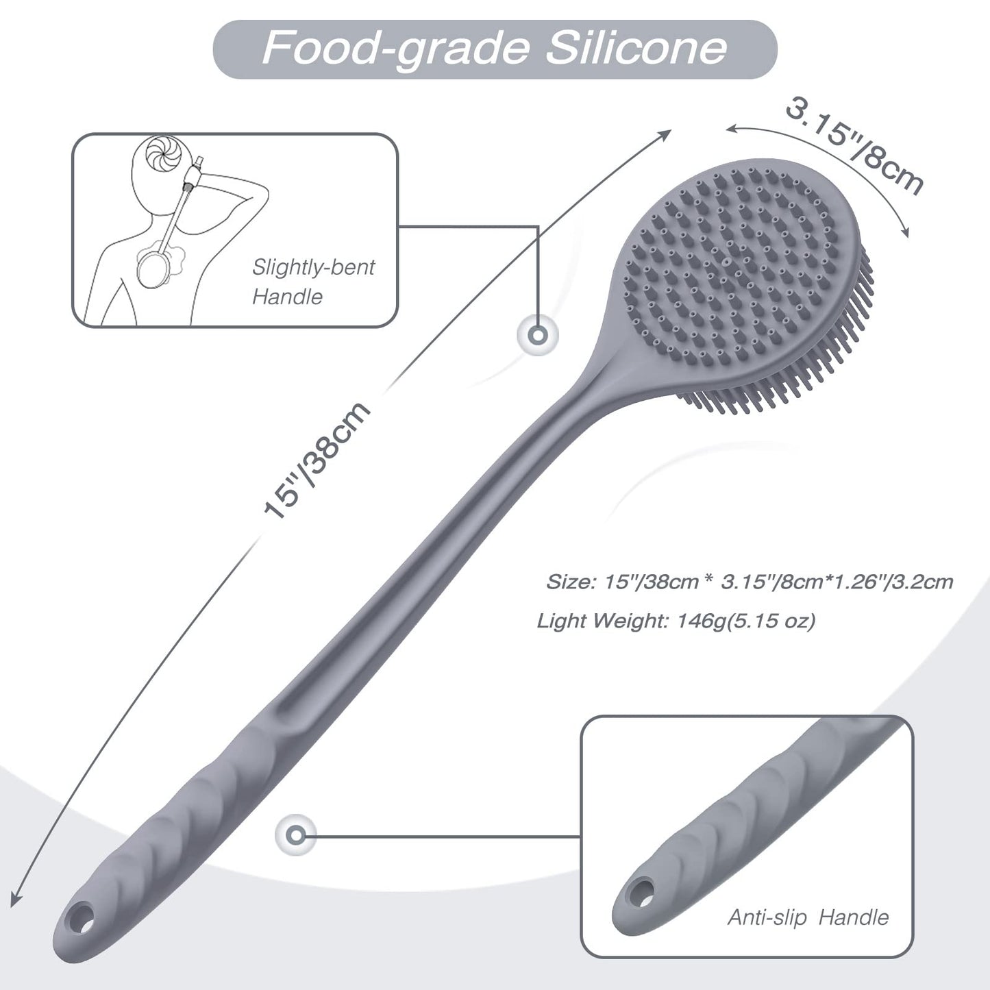 Manmihealth Silicone Back Scrubber (Thick Bristles) & Bath Glove & Face Brush Set (3PCS), Super-Exfoliating & Lathering Body Scrubber, Shower Brush, Face Scrubber Combination, with a Free Hook (Gray)