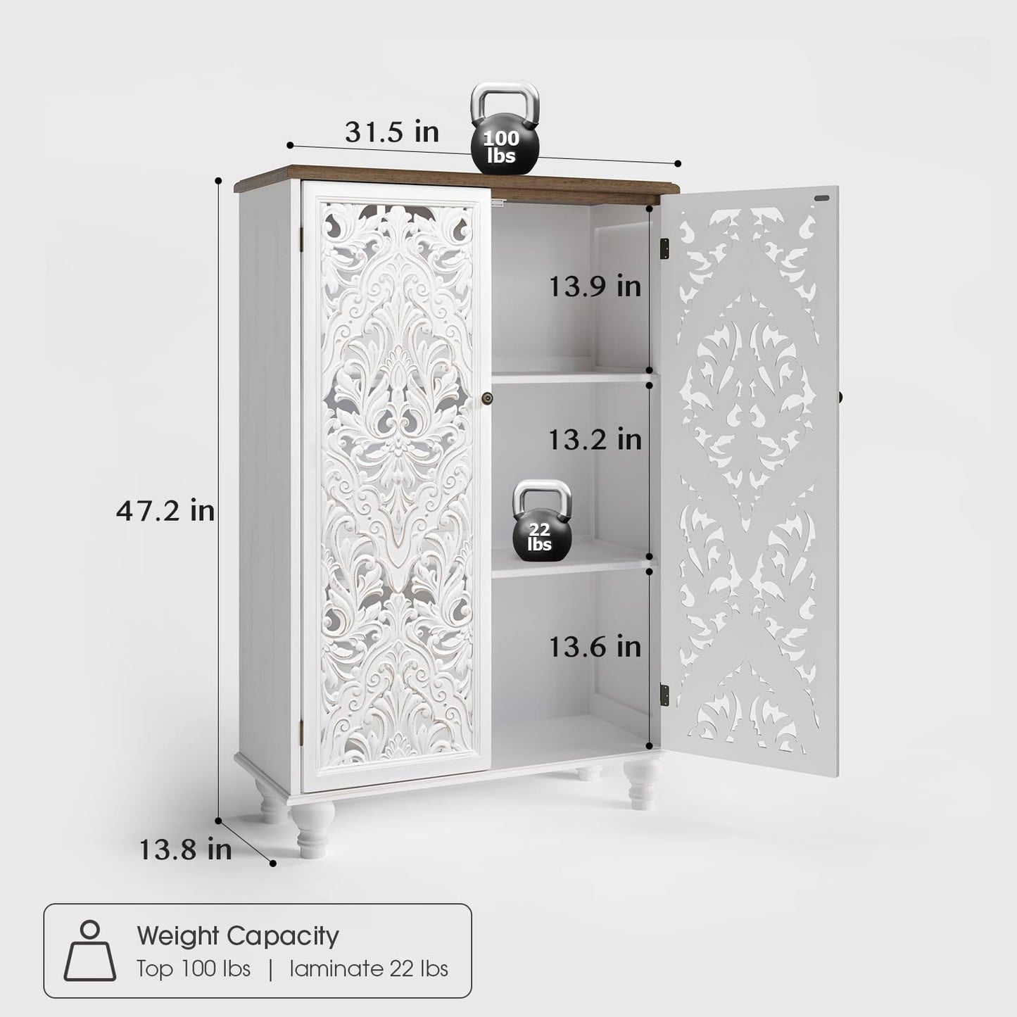 JOINICE 47" Tall Accent Cabinet with Carved Doors & Storage for Living Room,White Cabinet with Solid Wood Legs & 100lbs Capacity, Farmhouse/Rustic/Boho Style for Dining Room, Bedroom, Hallway, Study
