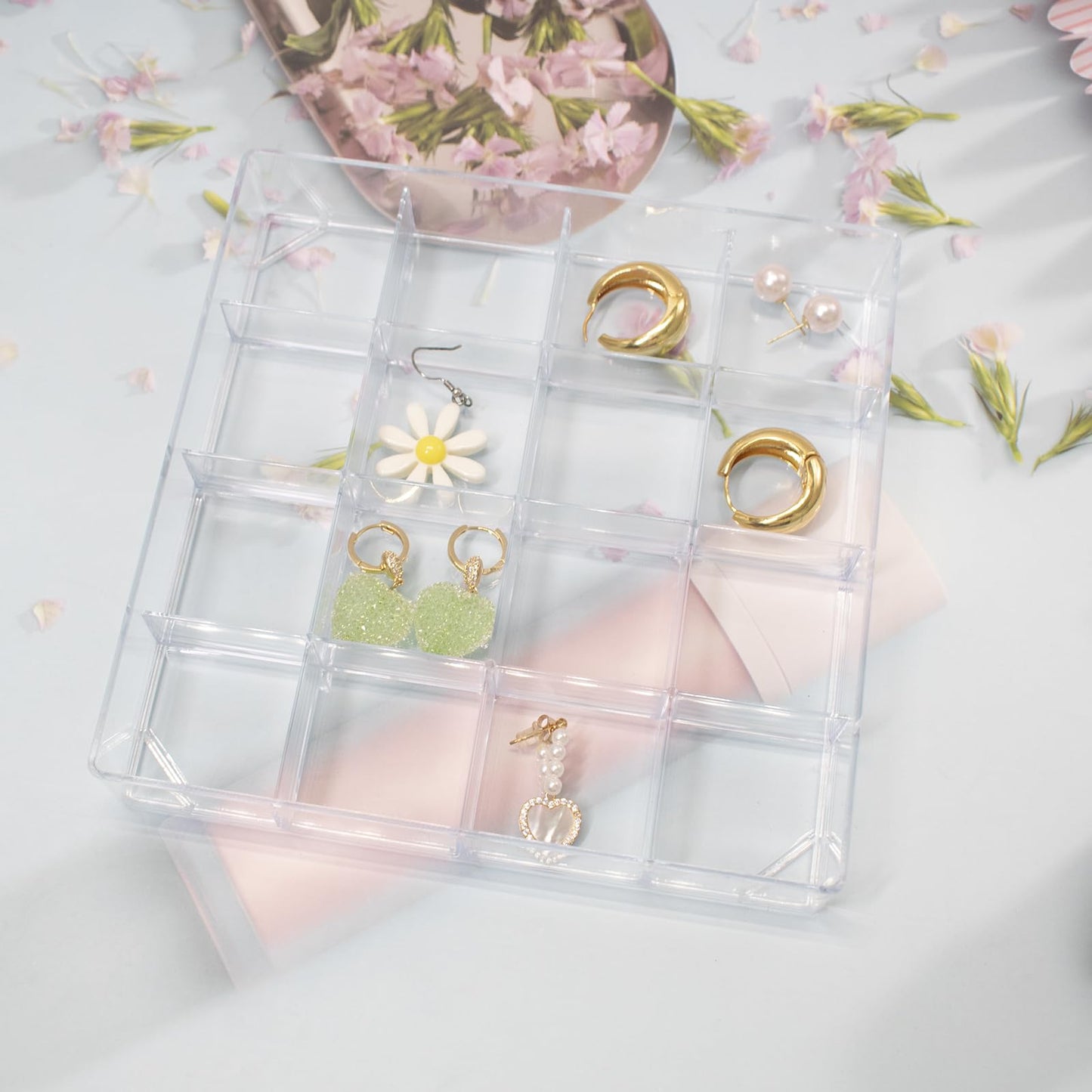 4 PCS Stackable Jewelry Organizer Tray, Plastic Storage Box with 16 Mini Grid (1.57''), Clear Organizer Tray for Drawer Dresser Vanity Desk, Jewelry Storage Box for Necklaces Bracelets Rings Earrings