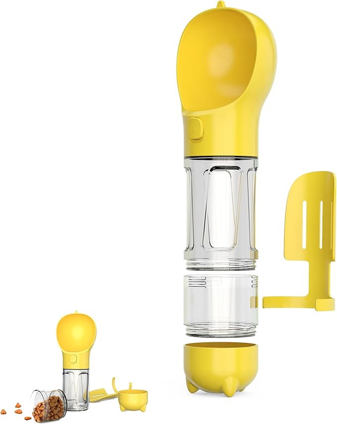 Upgraded Dog Water Bottle,Multifunction with Detachable Pet Treat Container and Poop Bags Box,Trash Shovel,O-Shaped Dog Bowl,Leakproof,Pet Travel,Outdoor Activity Necessities,Yellow(10.56fl oz)