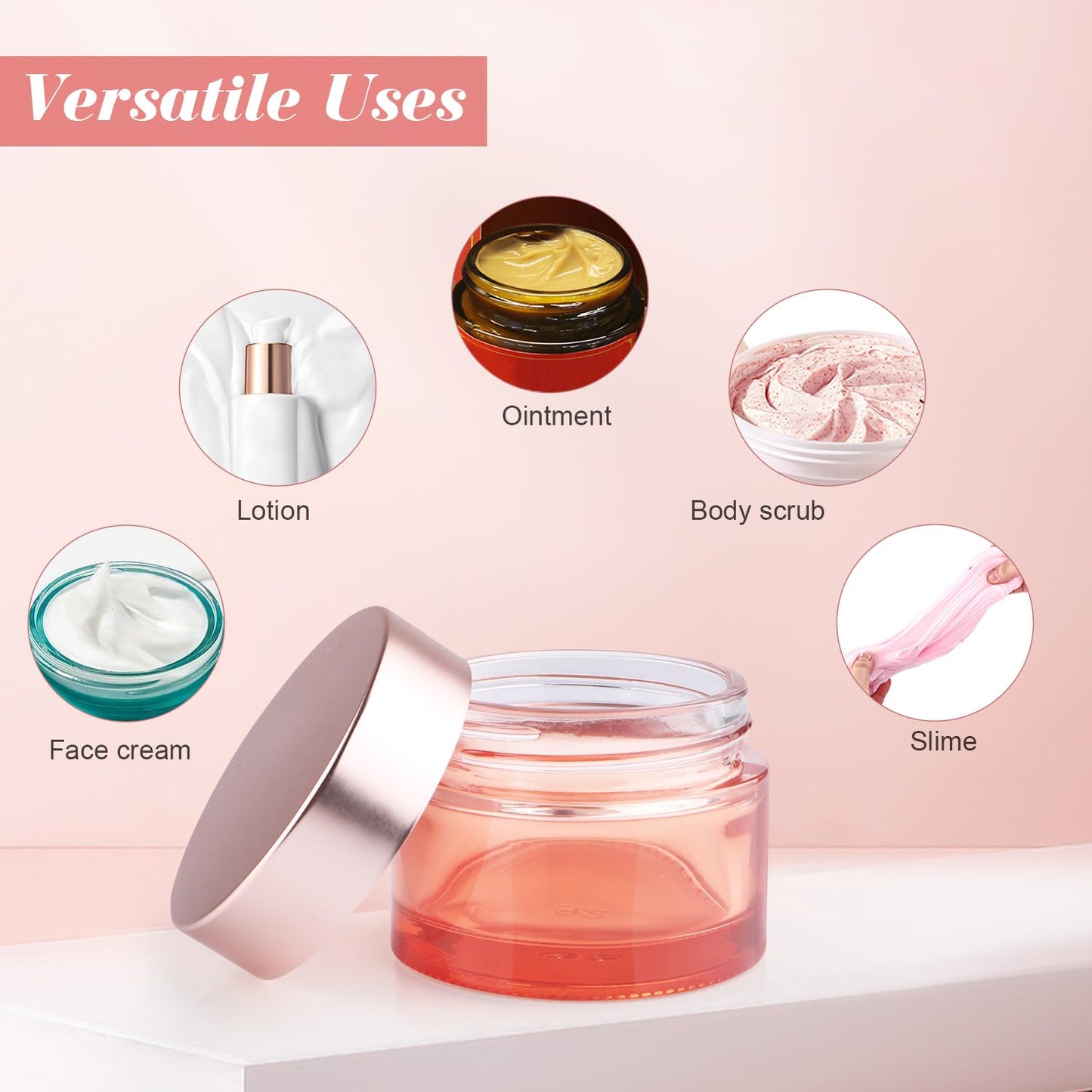BOSMIOW 8pcs 50g/1.7oz Rose Gold Glass Cream Jars Round Lotion Bottle Refillable Empty Cosmetic Container Pot for Eye Creams,Body Scrub,Facial Mask,Ointments