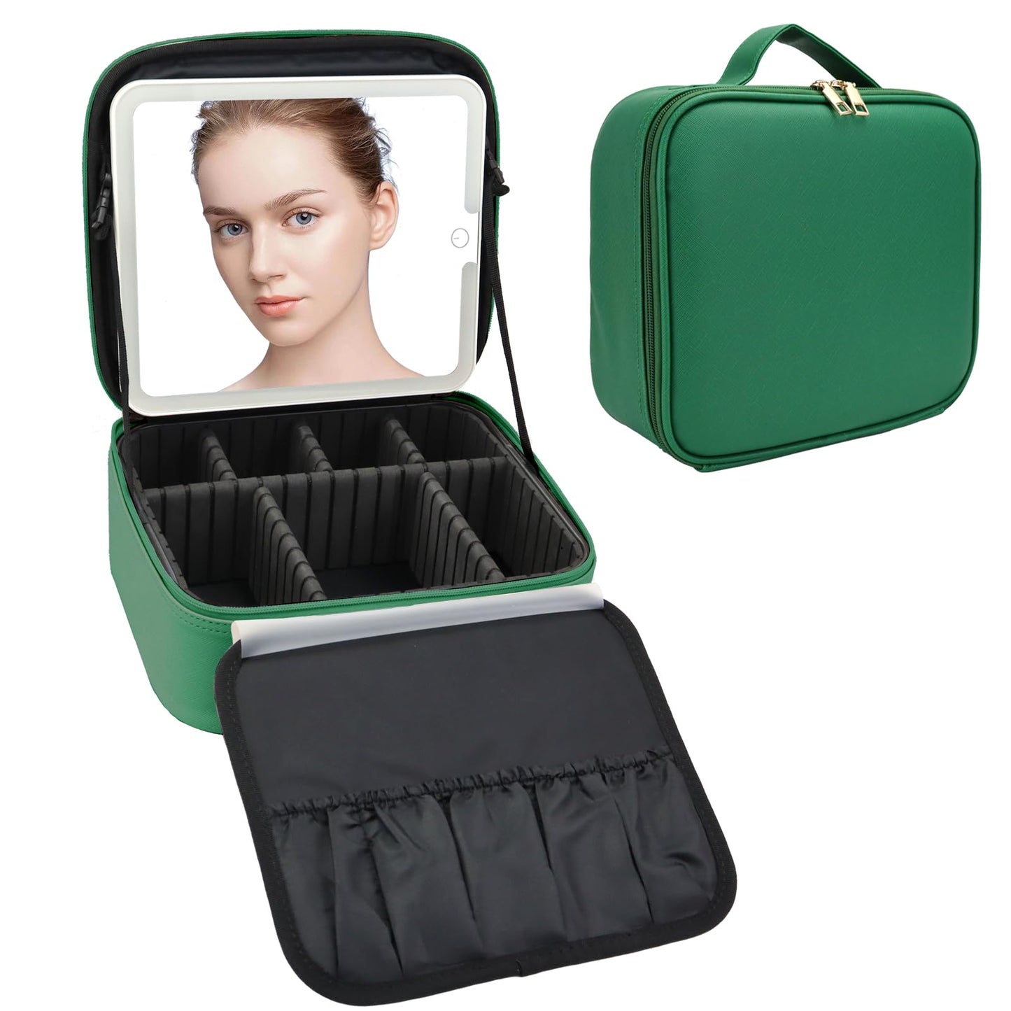 SLUMAZI Travel Makeup Bag with LED Mirror Travel Makeup Organizer with 3 Lighted Settings, Adjustable Dividers and Makeup Brush Storage Bag Dark Green