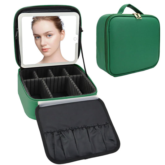 SLUMAZI Travel Makeup Bag with LED Mirror Travel Makeup Organizer with 3 Lighted Settings, Adjustable Dividers and Makeup Brush Storage Bag Dark Green