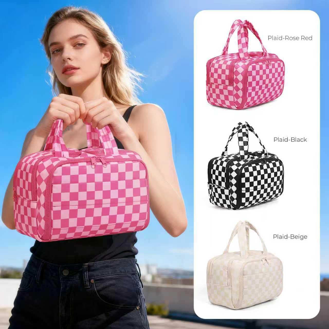 Travel Toiletry Bag, Spacious Hot Pink Checkered Toiletry Bag for Women,Large Toiletry Bags for Traveling,Lightweight Travel Cosmetic Makeup Bag Organizer for Accessories,Toiletries (Pink Checkered)