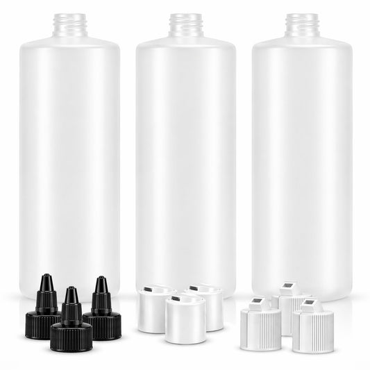 Bar5F 33.8oz 3-Pack Large HDPE Plastic Bottles with 9 Caps in 3 Styles | Pump, Squeeze, Squirt | Shampoo, Conditioner, Condiments, Ketchup, Bleach, Cleaners, Alcohol, Food Safe | BPA-Free, 1 Liter