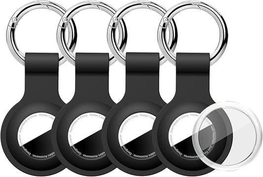 [4 Pack] Upgraded for AirTag Holder with Clear Cover Full Coverage Case Keychain for Air Tag, Silicone for AirTags 4 Pack for Apple Holder GPS Tracker Item Tag Finders, Black