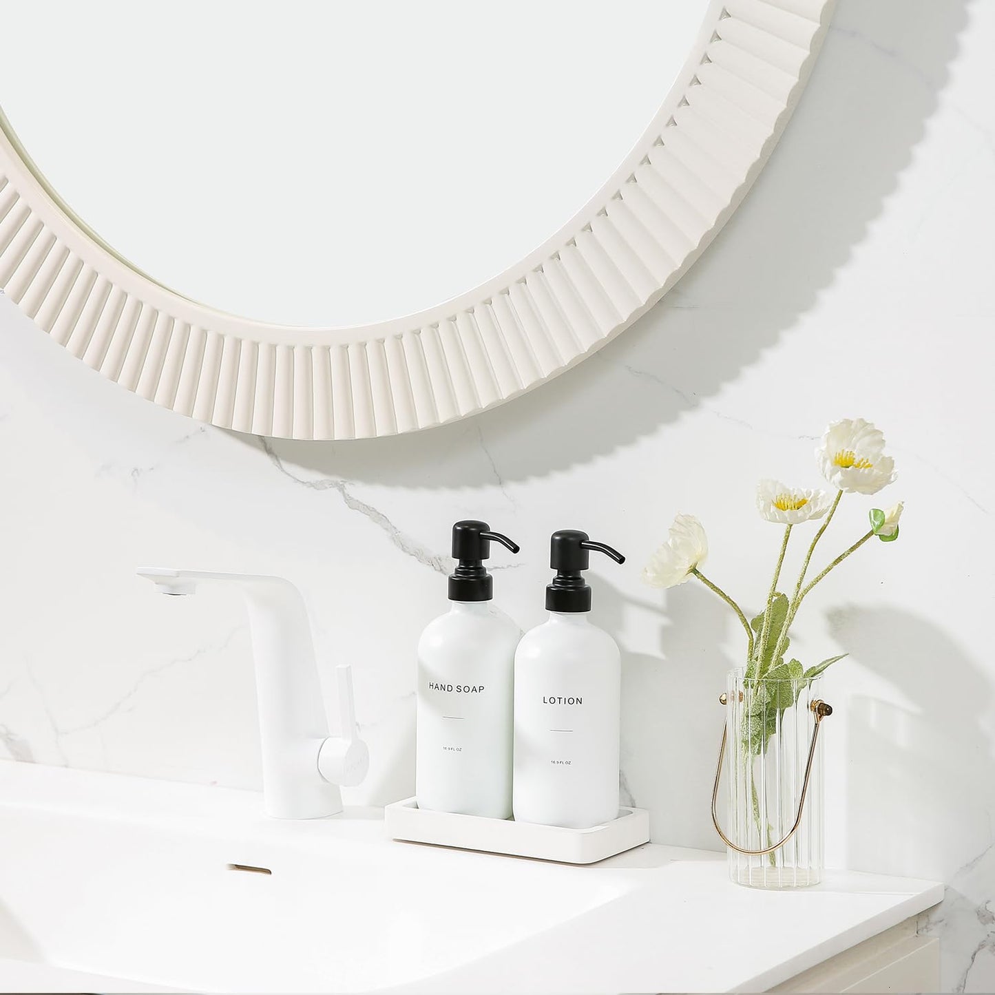 Prus Waso White Soap Dispenser Set, Contains Hand and Lotion Dispenser with Pump. Perfect for Guest Bathroom Decor. (White)