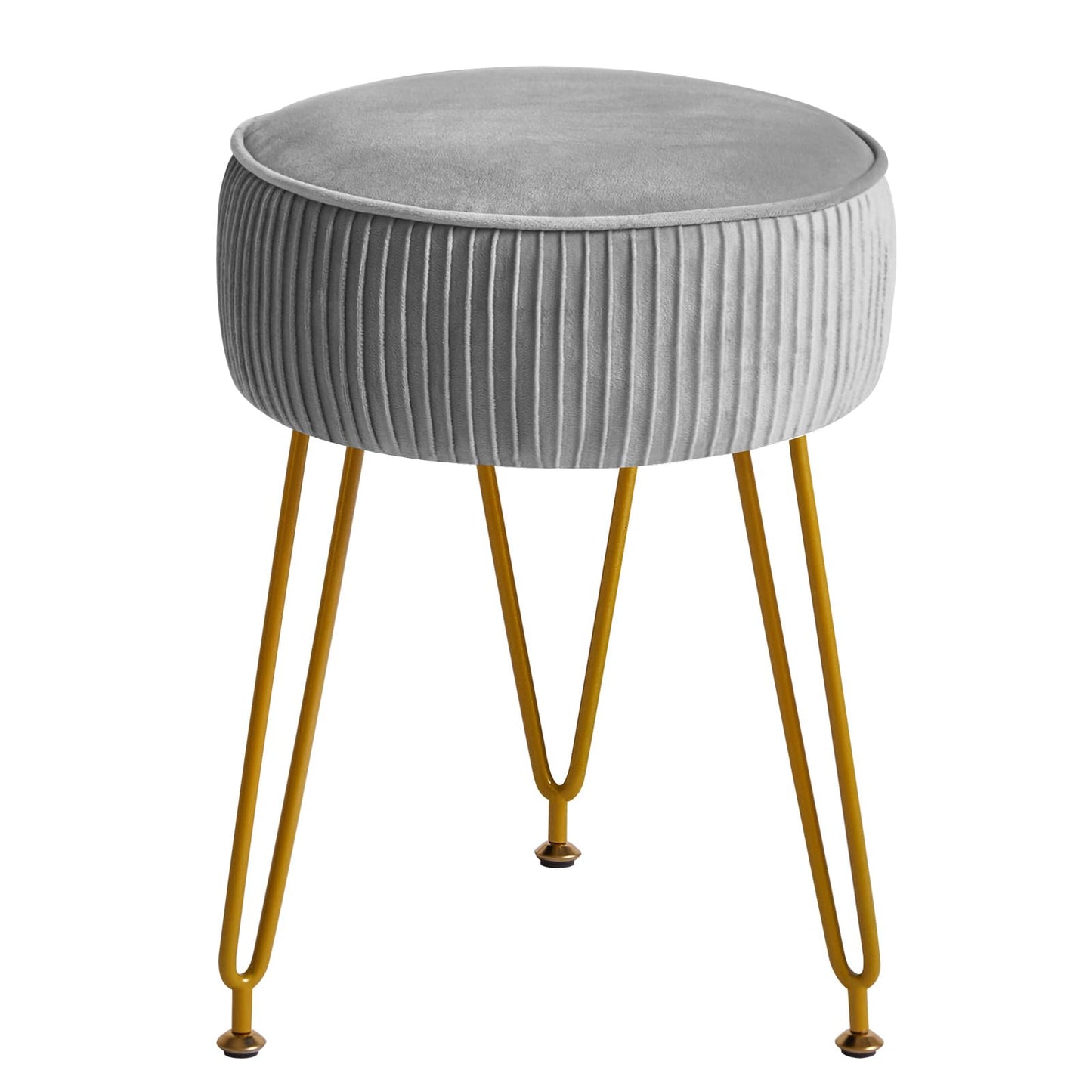 IBUYKE Velvet Round Footrest Ottoman, Makeup Vanity Stool Side Table, Dressing Table Seat, Pouf Couch Stool, Golden Steel Legs, Gray LG-30G