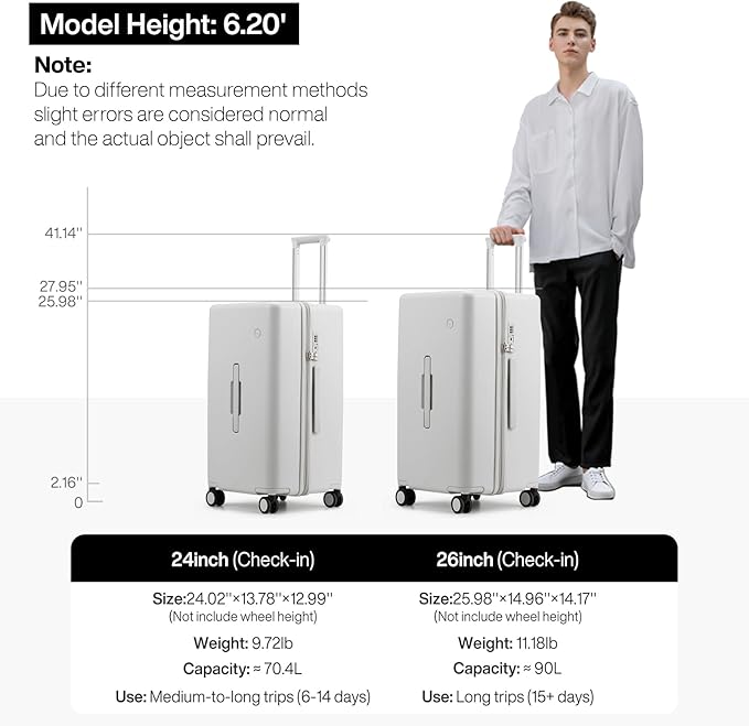 mixi 24'' Plus Trunk Luggage Medium Checked Luggage PC Hard Shell Rolling Travel Suitcases with Spinner Wheels & TSA Lock, Smoke White