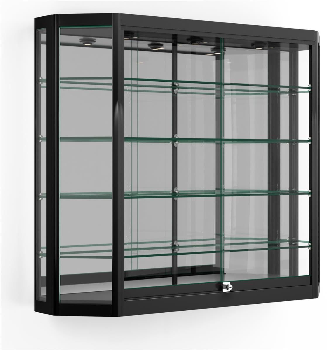 Displays2go Glass Display Cabinet with Tempered Glass Shelves - Hanging Wall Store Case with Aluminum Frame for Retail, Home, Office - Black (WC4712LEDB)
