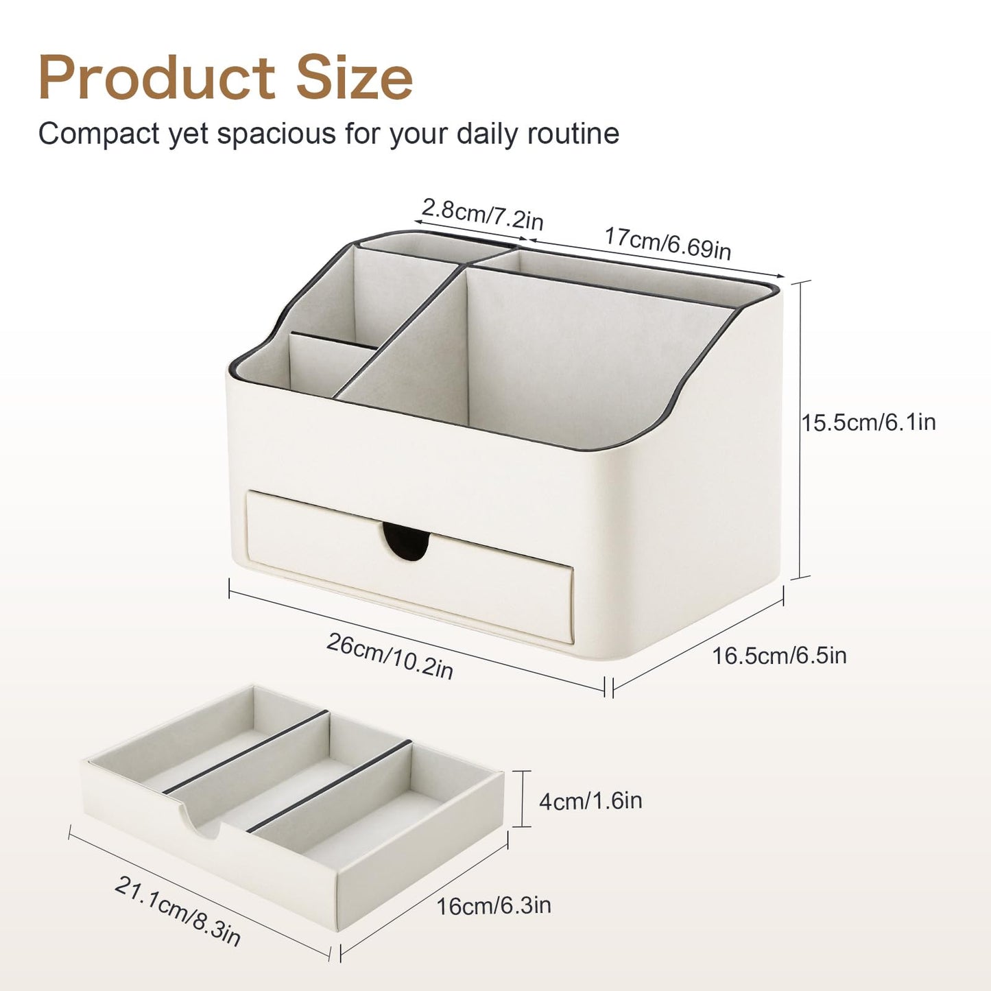 KINGFOM PU Leather Makeup Organizer with Drawer, Skincare Organizer for Vanity, Cosmetic Storage for Dresser Countertop, Beauty Holder for Lipstick Brush Skincare (Ivory White)