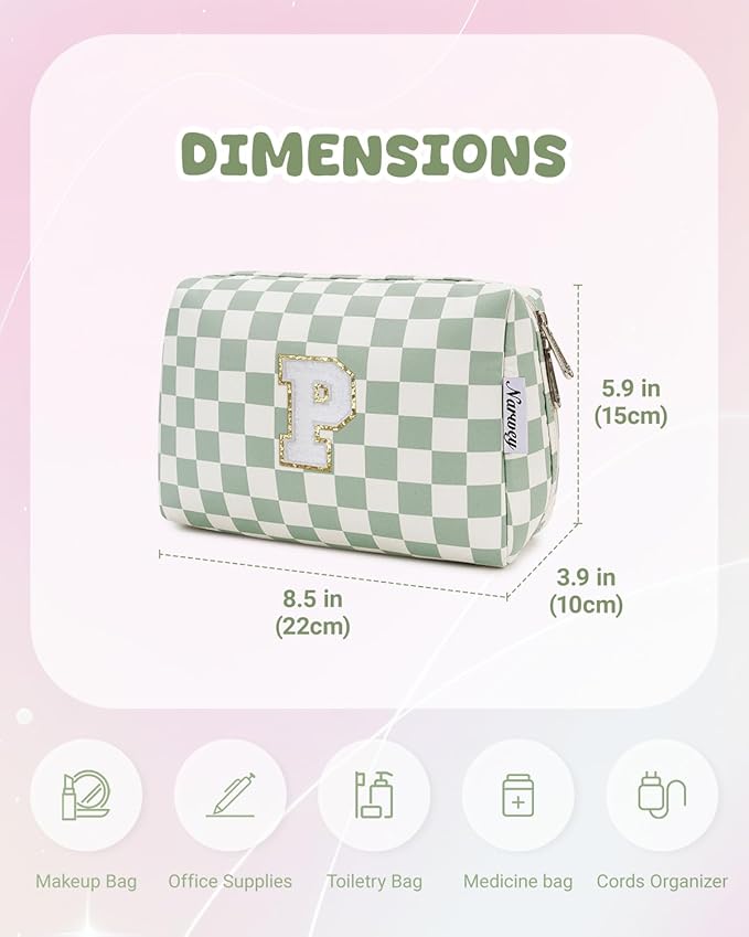 Narwey Personalized Initial Makeup Bag Toiletry Bag Gifts for Women Girls Large Checkered Makeup Bag Zipper Pouch Travel Cosmetic Bag Organizer for Women (Mint Green Checkerboard Letter P)