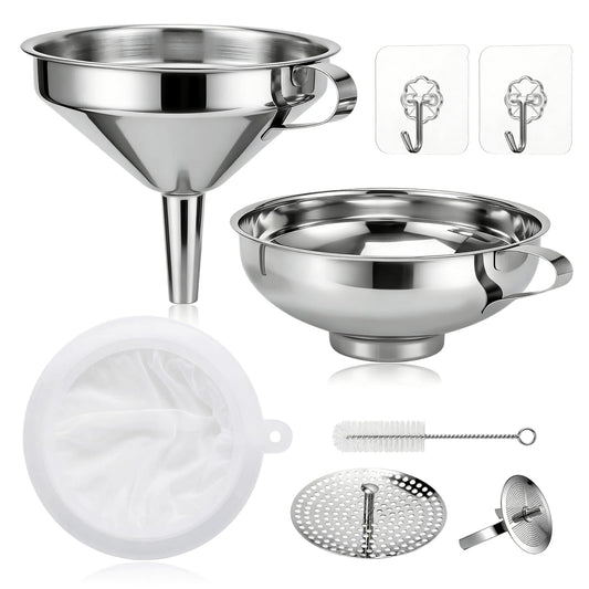 SWJLR Stainless Steel 2 Pack Funnel Set Long Spout Funnel for Narrow Neck Bottles (Oil, Sauce) Wide Mouth Funnel for Mason Jars, Canning with 200μm Fine Mesh Strainer & Removable Filters (Large Set)