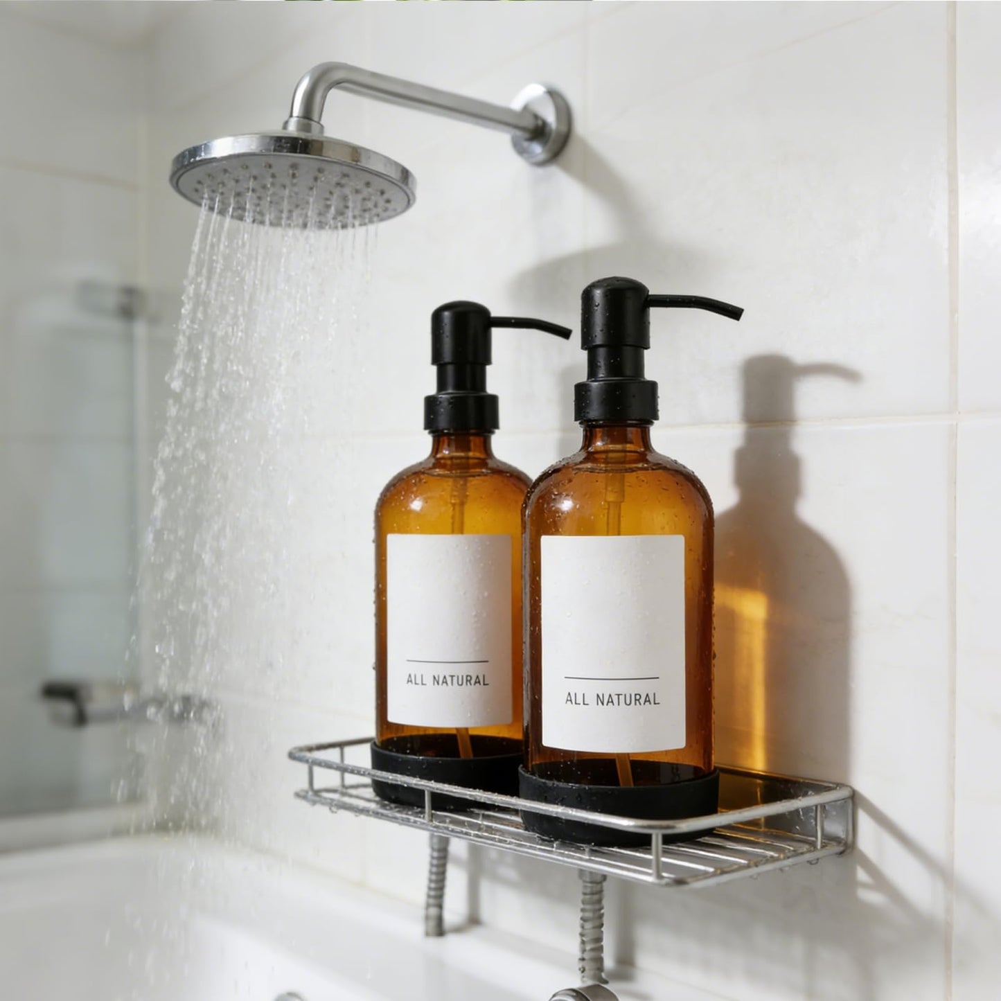 16oz Amber Glass Soap Dispenser Set of 4,Brown Glass Pump Bottles for Bathroom Kitchen,Bathroom Kitchen Hand and Dish Soap Dispenser Set,Modern Brown Soap Dispensers Bottles