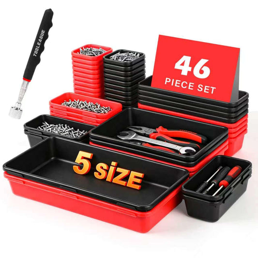 TOOLEAGUE 46Pcs & 5 Sizes Tool Box Organizer Tray Set with 15Lb Magnetic Pickup Pen,Drawer Organizer Bin, Garage Organization and Storage Workshop Rolling Tool Chest WorkBench Small Part(Black, Red)
