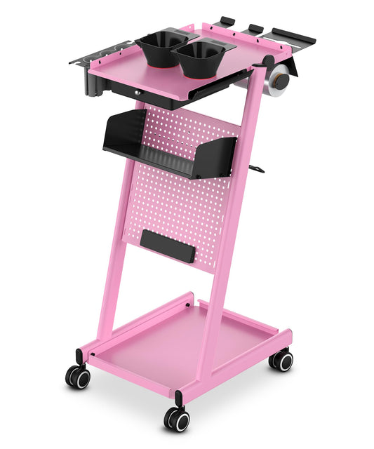 TASALON Premiu Multifunctional Rolling Workstation Table with 360 Degree Mute Universal Wheel for Tattoo Work,Beauty Salon Spa Stools Service Storage Tray with Pegboard - Pink