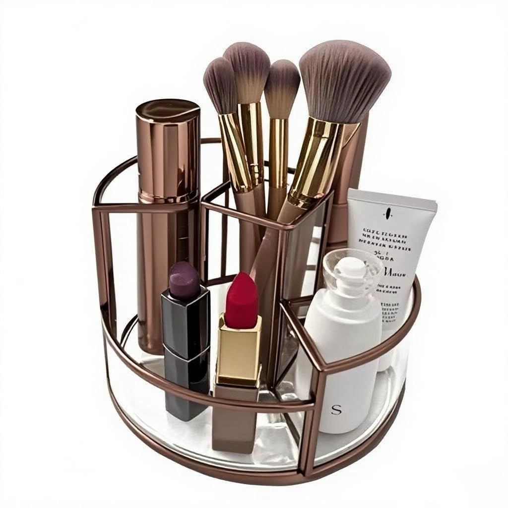 360° Rotate Makeup Brush Holder, Makeup Organizers Countertop, Perfume Tray, Bathroom Organizer and Storage for Eyeliner,Lipstick, Lazy Susan Organizer for Vanity Cabinet Dresser Bathroom (Brass)