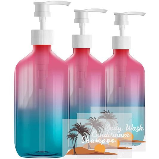 500ml Refillable Plastic Bottles with Pump Dispenser – 3 Pack Gradient Containers, BPA/Paraben-Free, Ideal for Travel Toiletries, Includes Labels