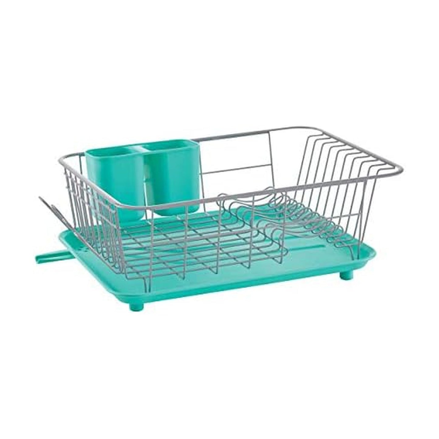 Farberware Compact Dish Drying Rack with Drainboard, Flatware Caddy and Sink Brush, Teal - Holds 9 Plates, Fits Small Kitchens, Apartments and Dorms