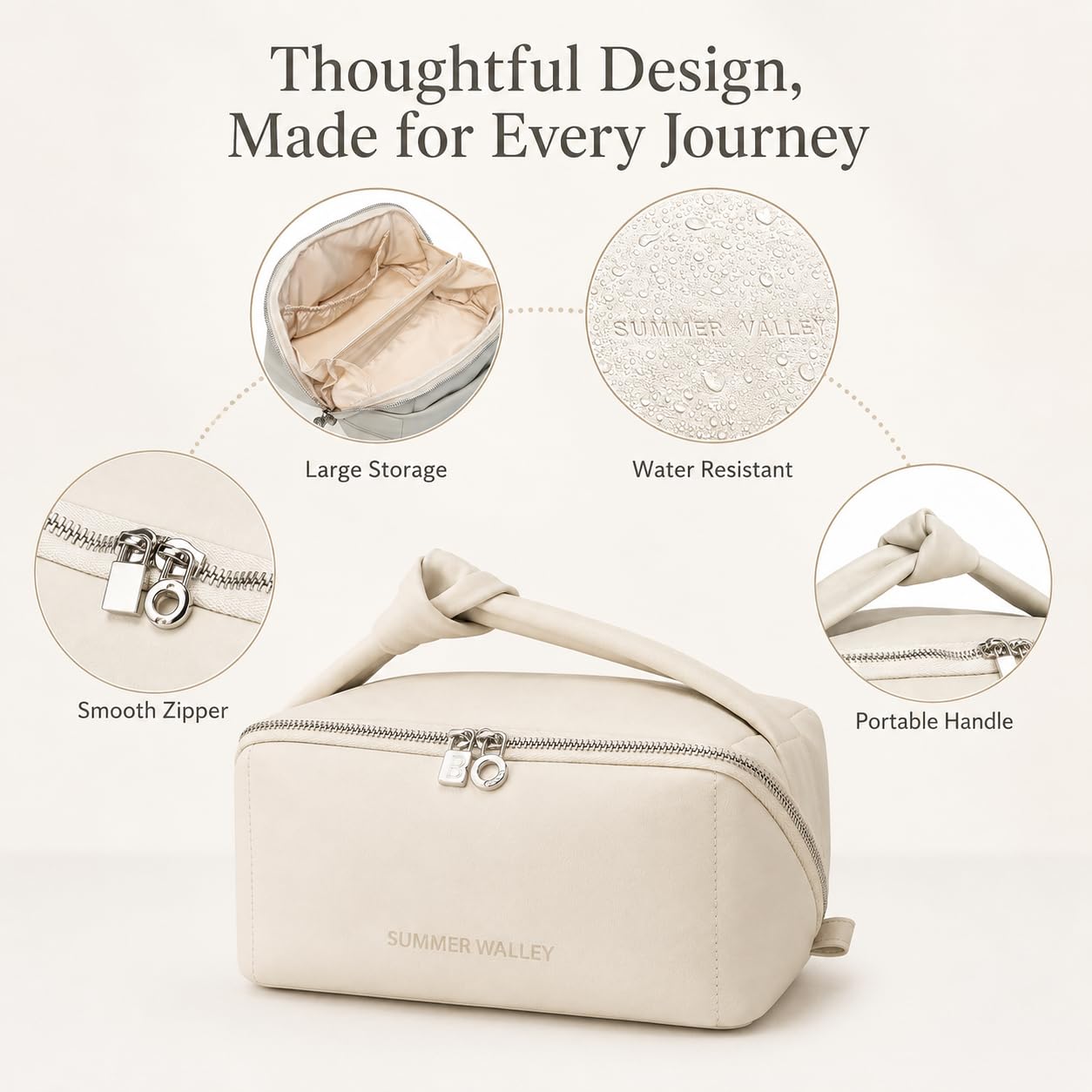 YDR Large Capacity Makeup Bag for Women, Wide Open PU Leather Travel Cosmetic Organizer with Brush Holder, Portable Toiletry Bag for Skincare, White