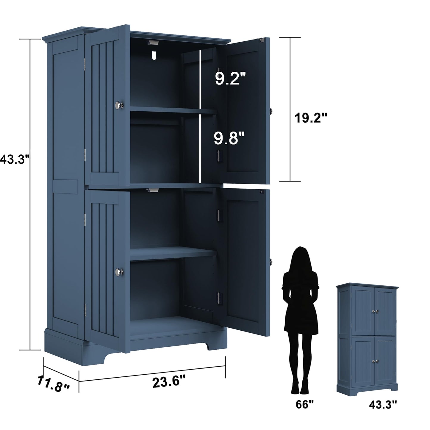 ChooChoo Bathroom Floor Cabinet, Modern Bathroom Storage Cabinet with 4 Doors and Adjustable Shelves, Freestanding Cupboard for Living Room, Blue