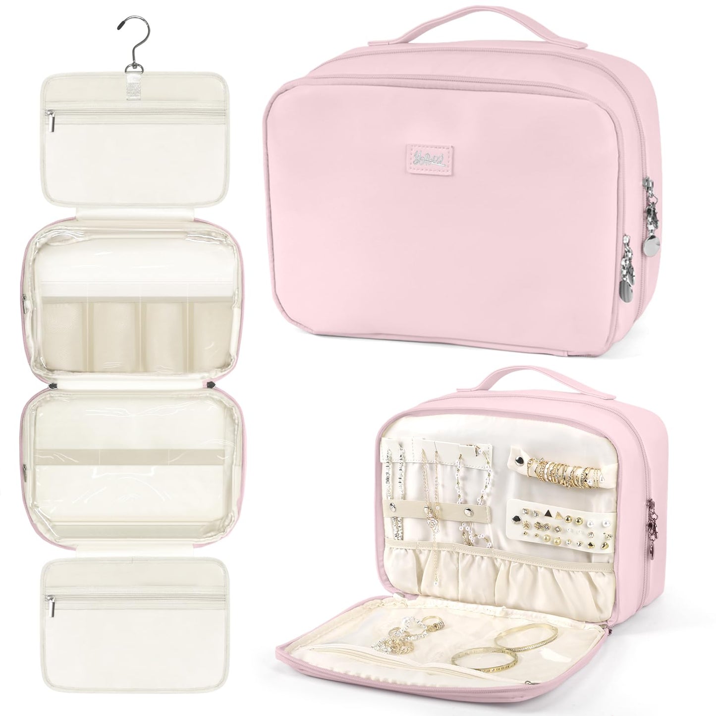 YOPCDJ Hanging Toiletry Bag with Jewelry Organizer,Travel Bag for Toiletries,PU Leather Cosmetic Bags for Women Make Up Organizer with 4 Compartments Waterproof Portable Travel Essentials