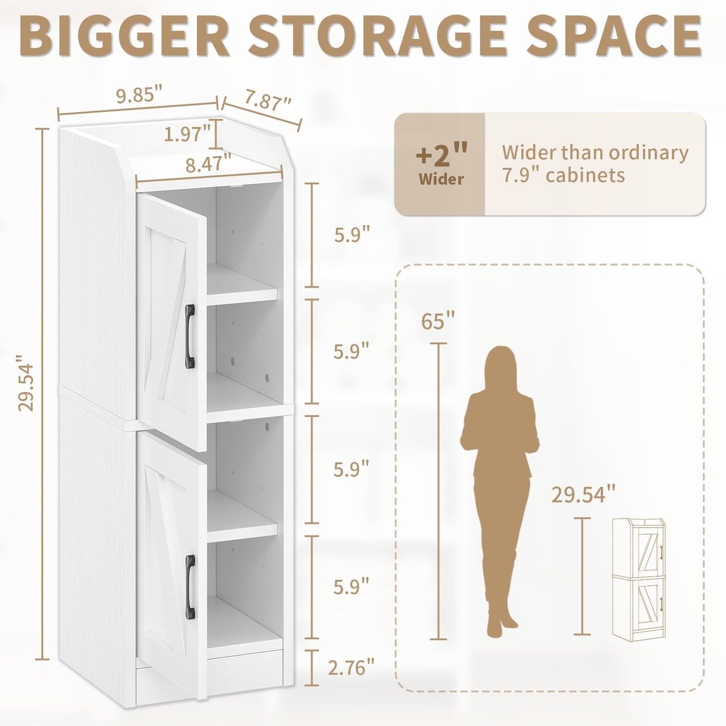 Narrow Bathroom Storage Cabinet with 2 Doors and Shelves, 9.8" W Small Storage Cabinet for Toilet Paper Storage, Slim Cabinet for Small Spaces, Bathroom, Kitchen, 9.8" W × 7.9" D × 29.5" H, White