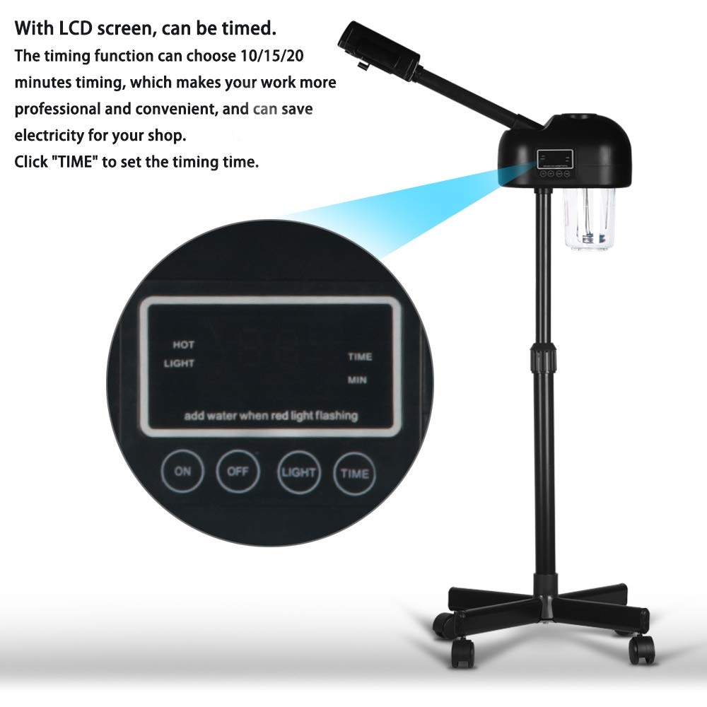 LCD Facial Steamer Professional for Clean Skin, Skin Care Use at Home, Beauty Salon, Spa with Hot Mist, Timer Function, Adjustable Height, Rolling Wheels - Black