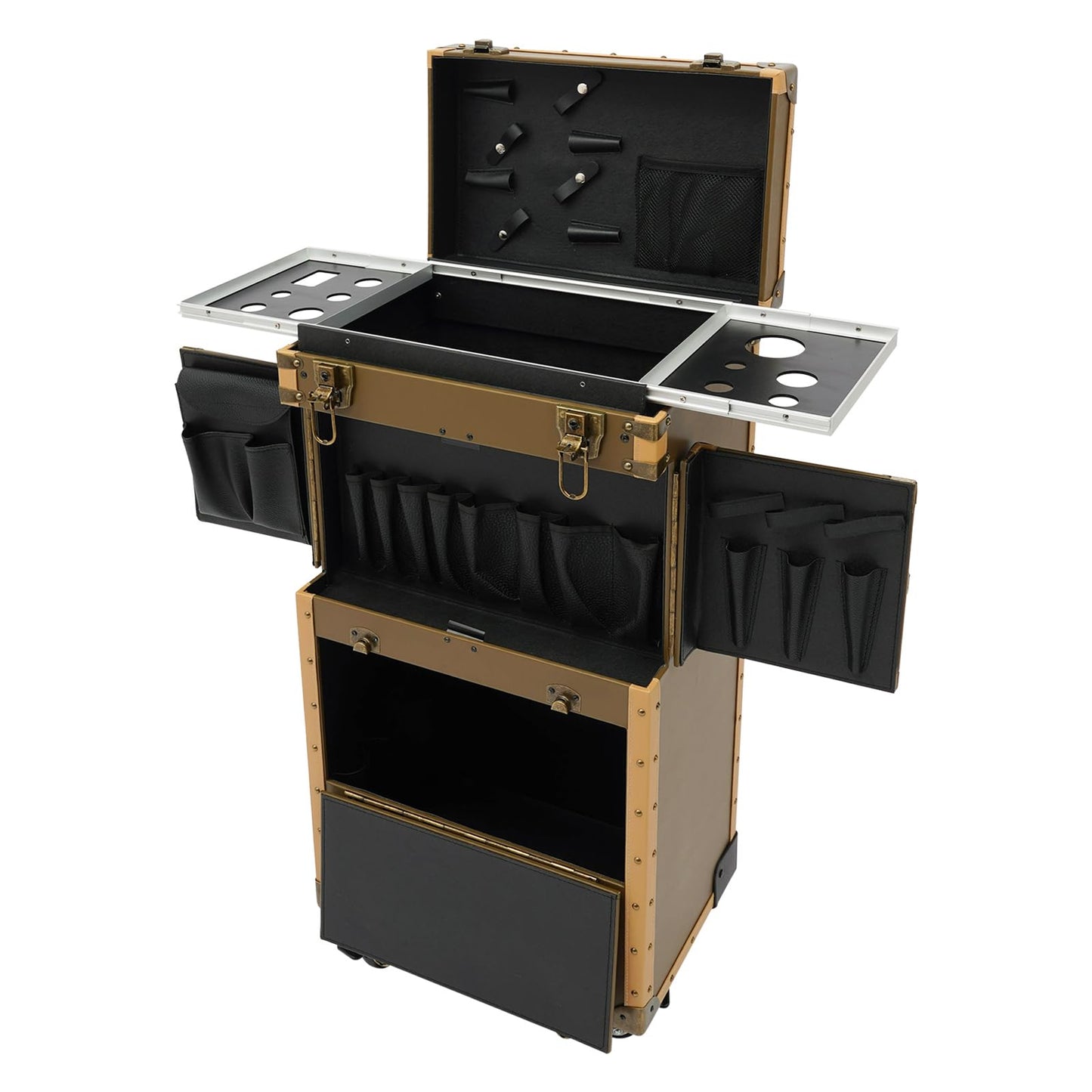 Rolling Makeup Train Case, 15" x 10" x 32" Lockable Hairdressing Trolley Makeup Case Organizer Professional Cosmetic Travel Case with Wheels, for Hairstylist Artist Salon (Gold, with 2 Lock)