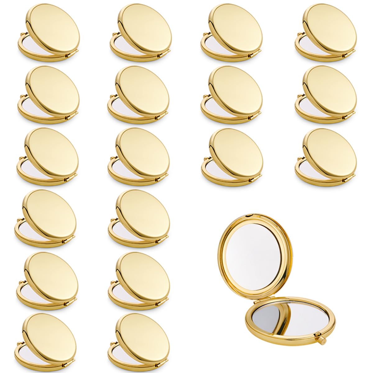 QUSTGO Compact Mirror, Pocket Travel Makeup Mirror for Purse, Metal Round Shell, 2-Sided 1X/2X Magnifying, Portable, Folding, Handheld, Gold, 18 Pack