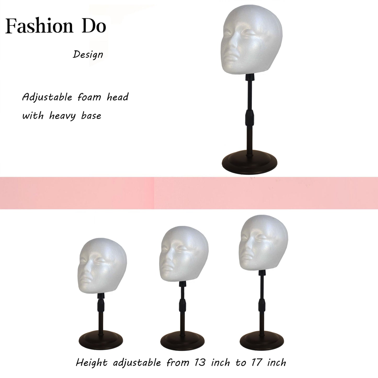 FASHION DO 2 PACKS Adjustable wig or hat styrofoam mannequin head holder stand (13”to 17”)
