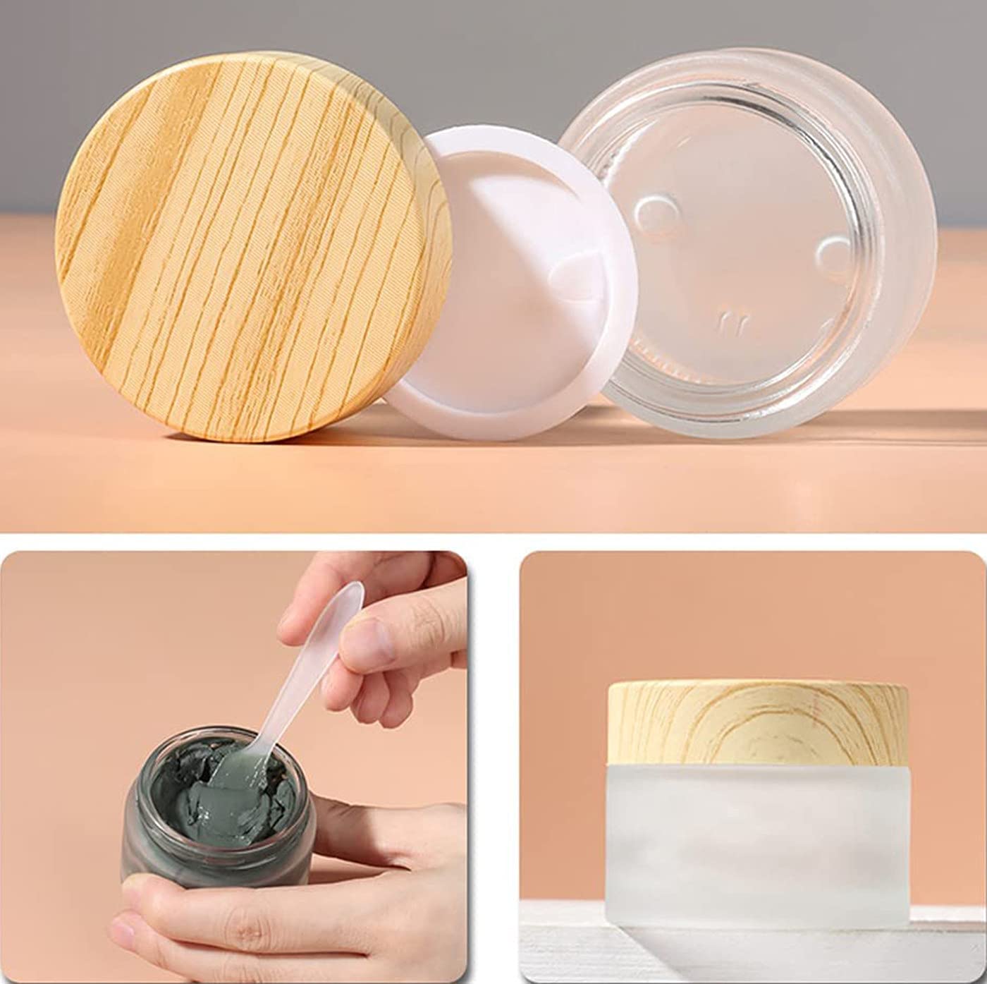 Healthcom 10 Packs 15ml/15g Empty Sample Jars Frosted Glass Cream Jar Bottle with Wood Grain Lid Cosmetic Containers Glass Cream Box Refillable Glass Cream Jar Pot for Makeup Lotion Face Eyeshadow
