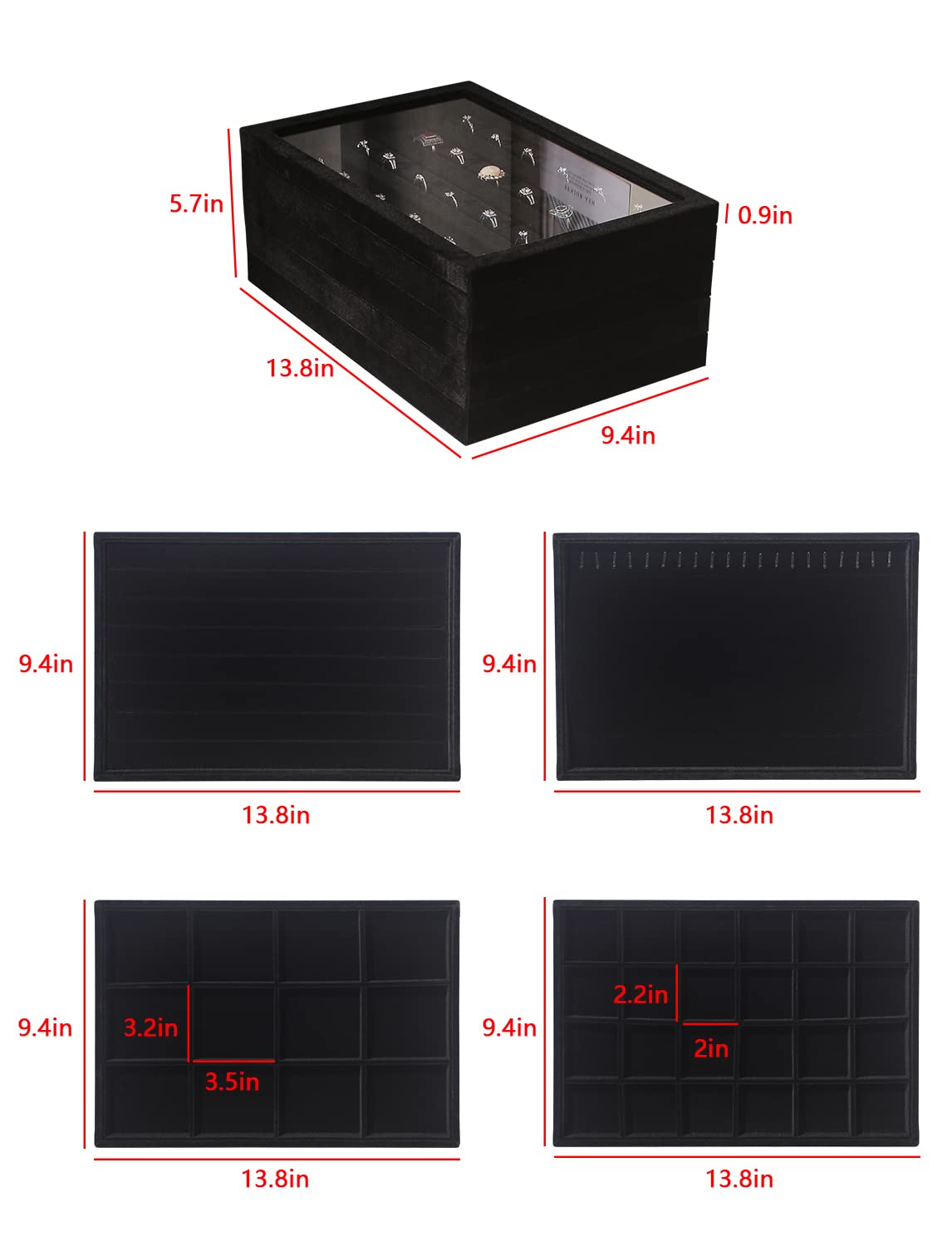 Coward Set of 5 Stackable Jewelry Organizer Tray Necklace Earring Box Storage Ring Bracelet Display Holder (Black(ring+necklace+earring+12grid))