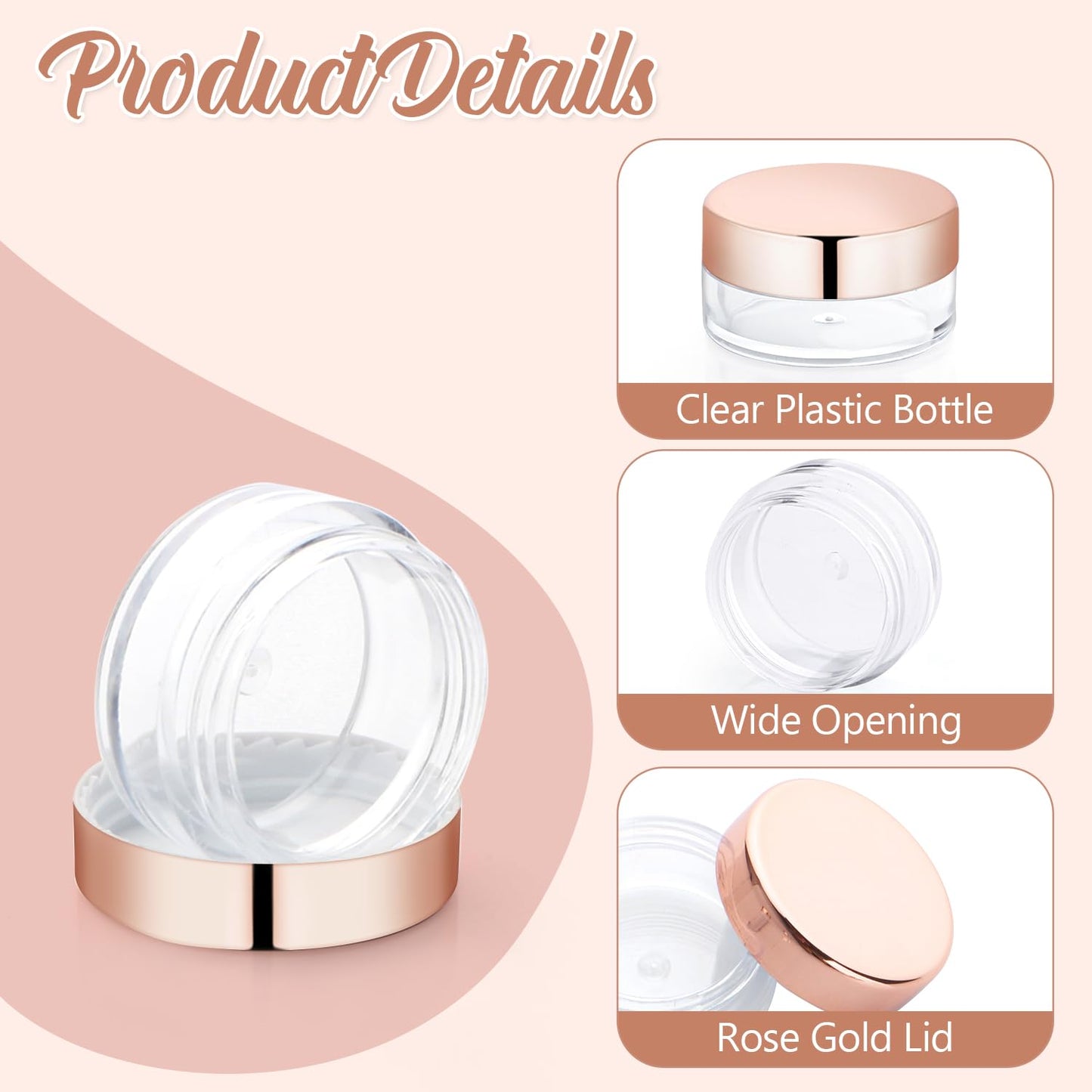 30 Pcs 5g/5ml Plastic Container Jars Empty Clear Cosmetic Sample Pots with Rose Gold Lid for Cream Lotion Lip Balm Eye Shadow Nails Powder Jewelry