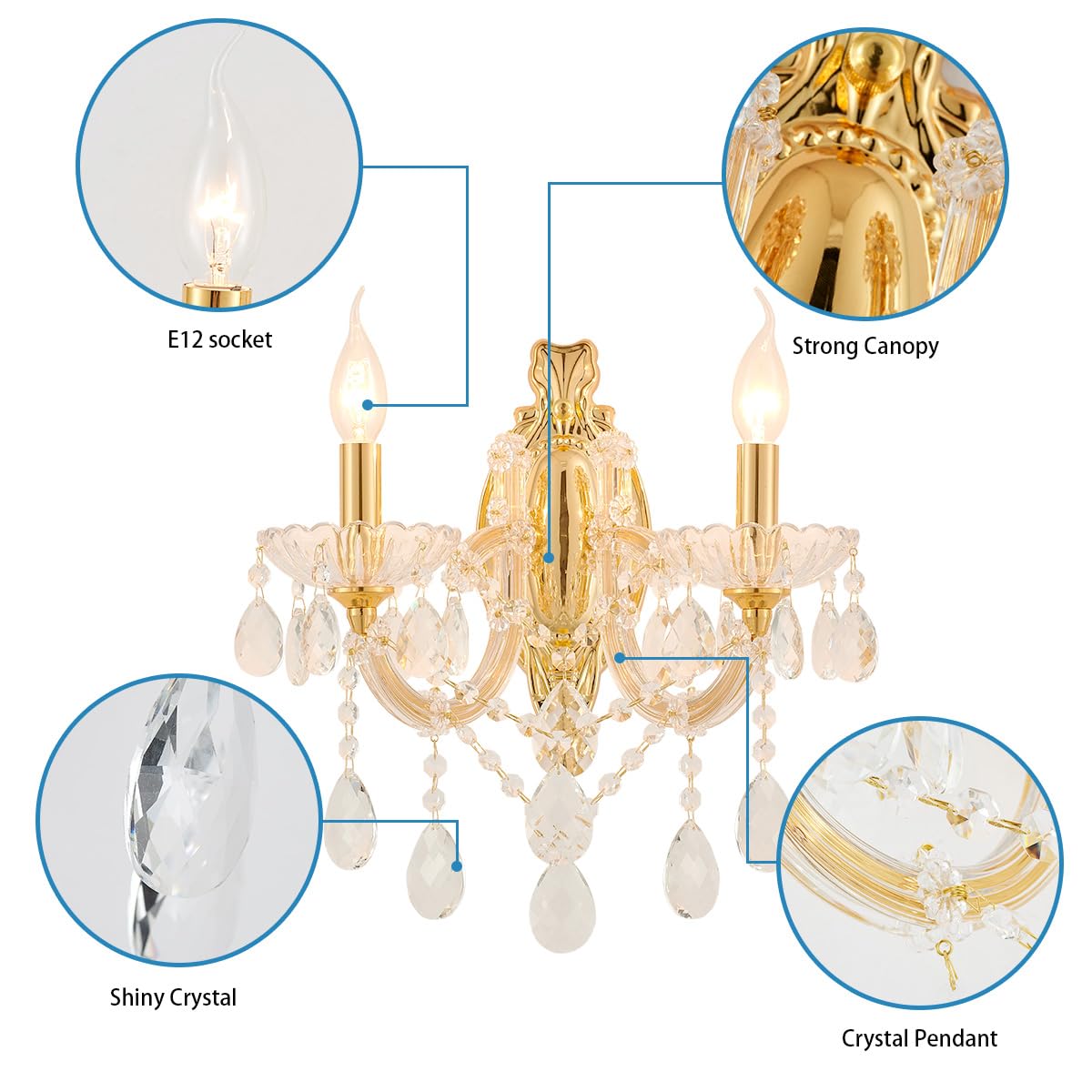 YLONG-ZS Gold Traditional Crystal Wall Sconce, 2-Light Candle Style Vanity Lamp, Ornate Metal Frame with Glass Trim Strips, Hardwired Vintage Fixture for Bathroom Bedroom, E12 Base